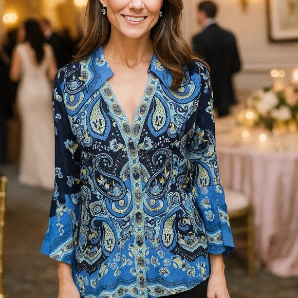 Boston Proper Colorful Paisley Print Bell Sleeve Top Blouse Sz Medium - Picture 1 of 8